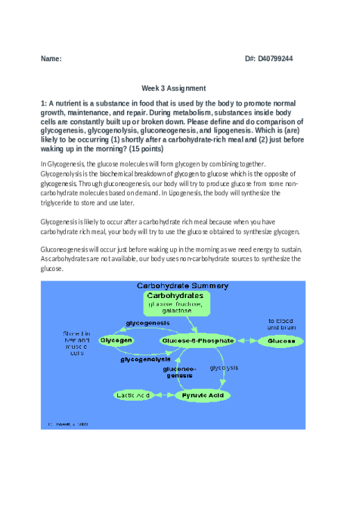 BIOS 256 Week 3 Discussion; Glycogenesis, glycogenolysis, gluconeogenesis, and lipogenesis