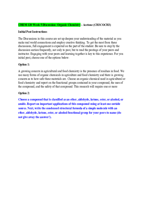 CHEM 120 Week 5 Discussion; Organic Chemistry - Acetone (CH3COCH3)