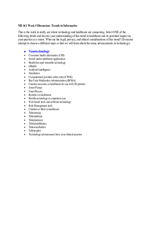NR 361 Week 5 Discussion; Trends in Informatics - Nanotechnology