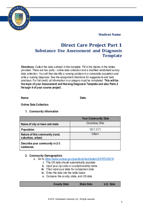 NR 443 Week 2 Assignment; Direct Care Project Part 1; Assessment and Diagnosis