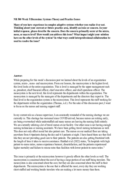 NR 500NP Week 5 Discussion; Systems Theory and Practice Issues (3 Versions)