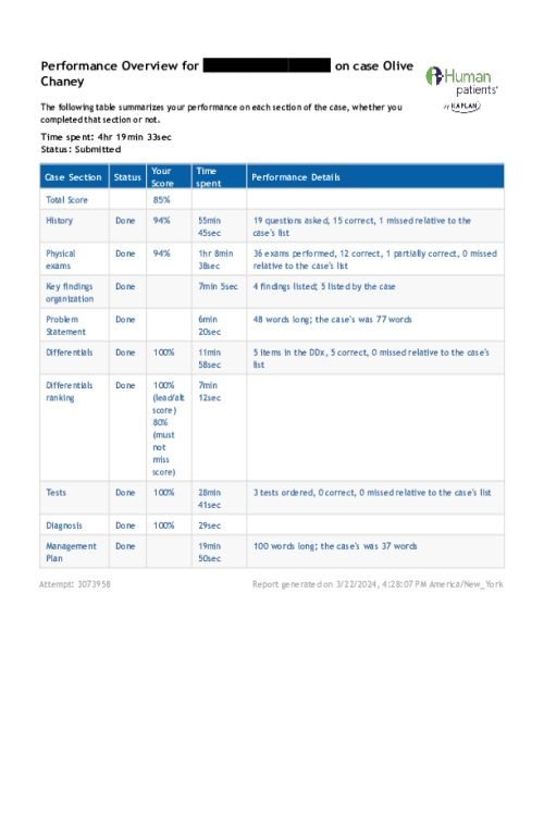 NR 511 Week 2 iHuman Virtual Patient Encounter - Olive Chaney Attempt 3073958
