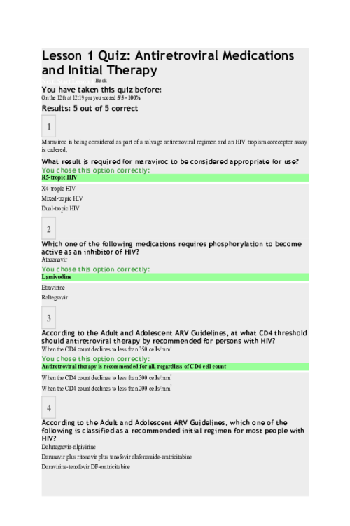 NR 566 Week 2 Assignment; HIV National Curriculum - Antiretroviral Therapy