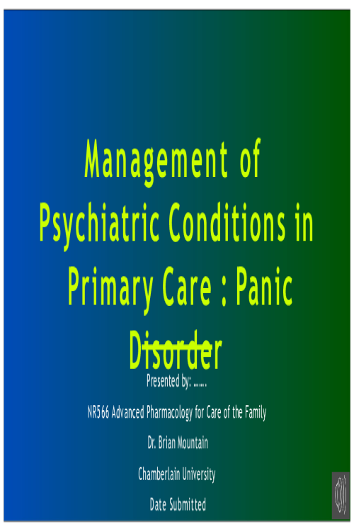 NR 566 Week 7 Assignment; Management of Psychiatric Conditions in Primary Care;  Panic Disorder