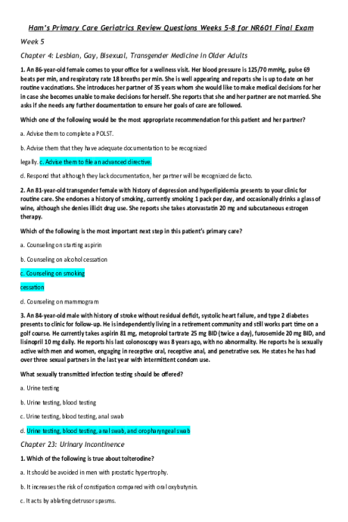 NR 601 Week 8 Final Exam Review (Weeks 5-8 from Ham's Primary Care Geriatrics)v1