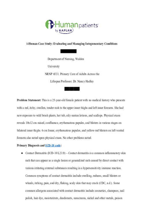 NRNP 6531 Week 2 Assignment; I Human Case Study; Evaluating and Managing Integumentary Conditions..