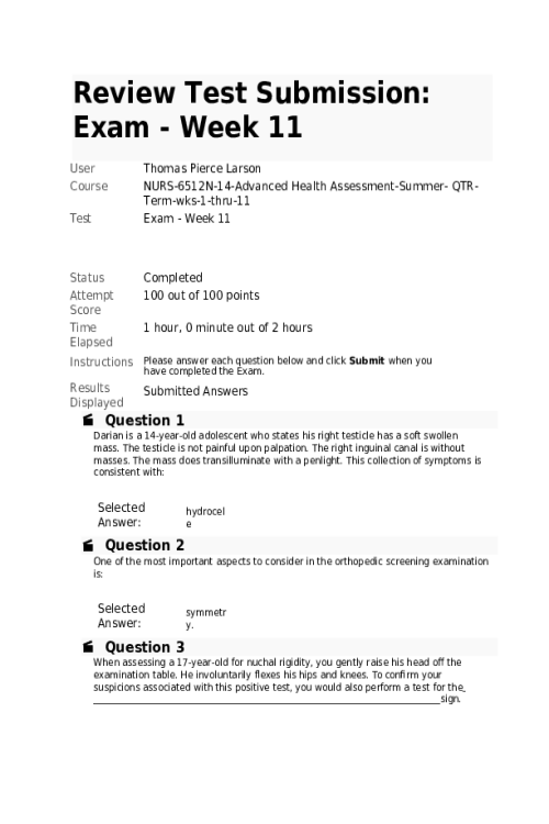 NURS 6512N-14 Week 11 Final Exam - 100 out of 100 points