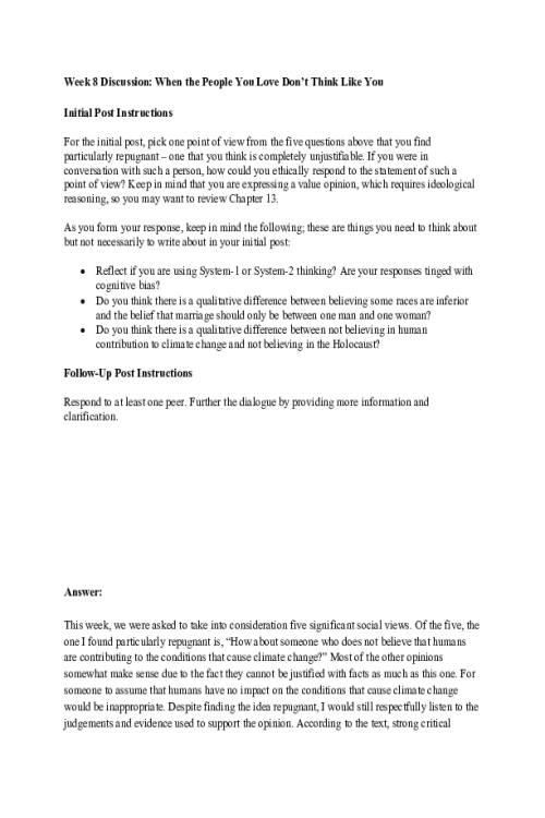 PHIL 347 Week 8 Discussion including Responses; When the People You Love Dont Think