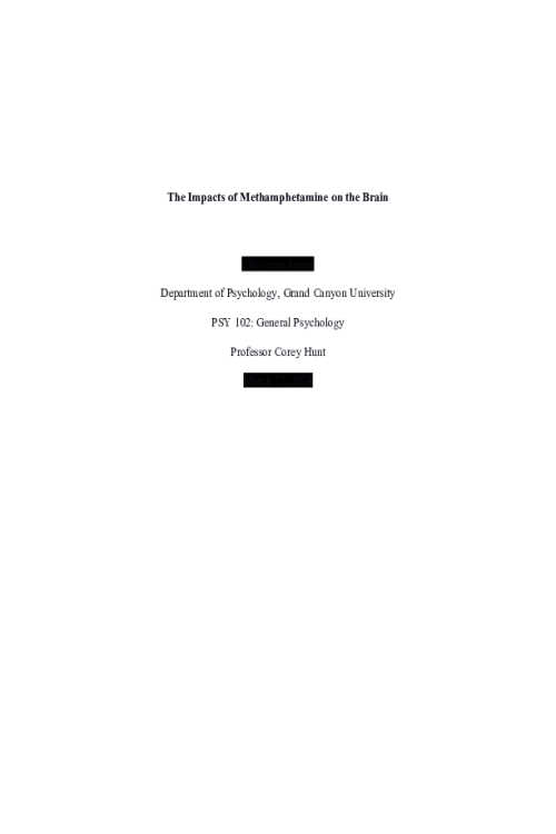 PSY 102 Topic 2 Assignment; Impacts of Methamphetamine on the Brain - Obj. 1.3, 2.1