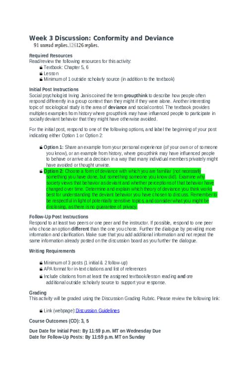 SOCS 185 Week 3 Discussion; Conformity and Deviance - Option 2